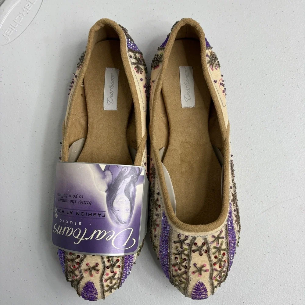 Dearfoams Studio Slippers Embellished Beaded Boho Flats Cream‎ Purple Size 8
